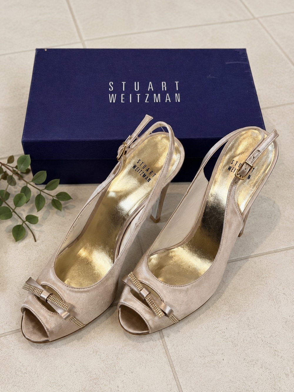 Deadstock Vintage Stuart Weitzman Champagne Satin Slingback Heels, Made in Spain